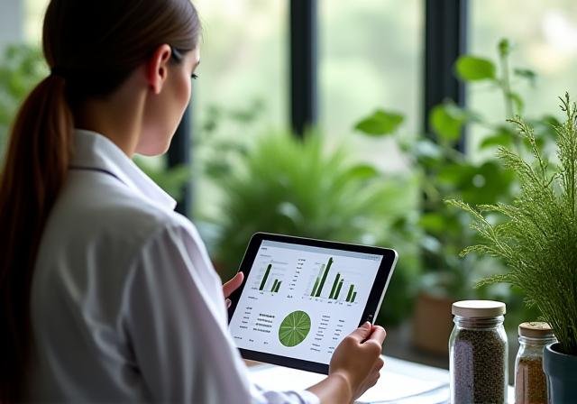 Consultant analyzing botanical specimens with digital data overlays